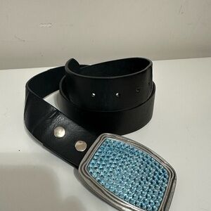 Black Leather Belt/Spec Cast Rhinestone Cowboy Blue Embellished Buckle Medium